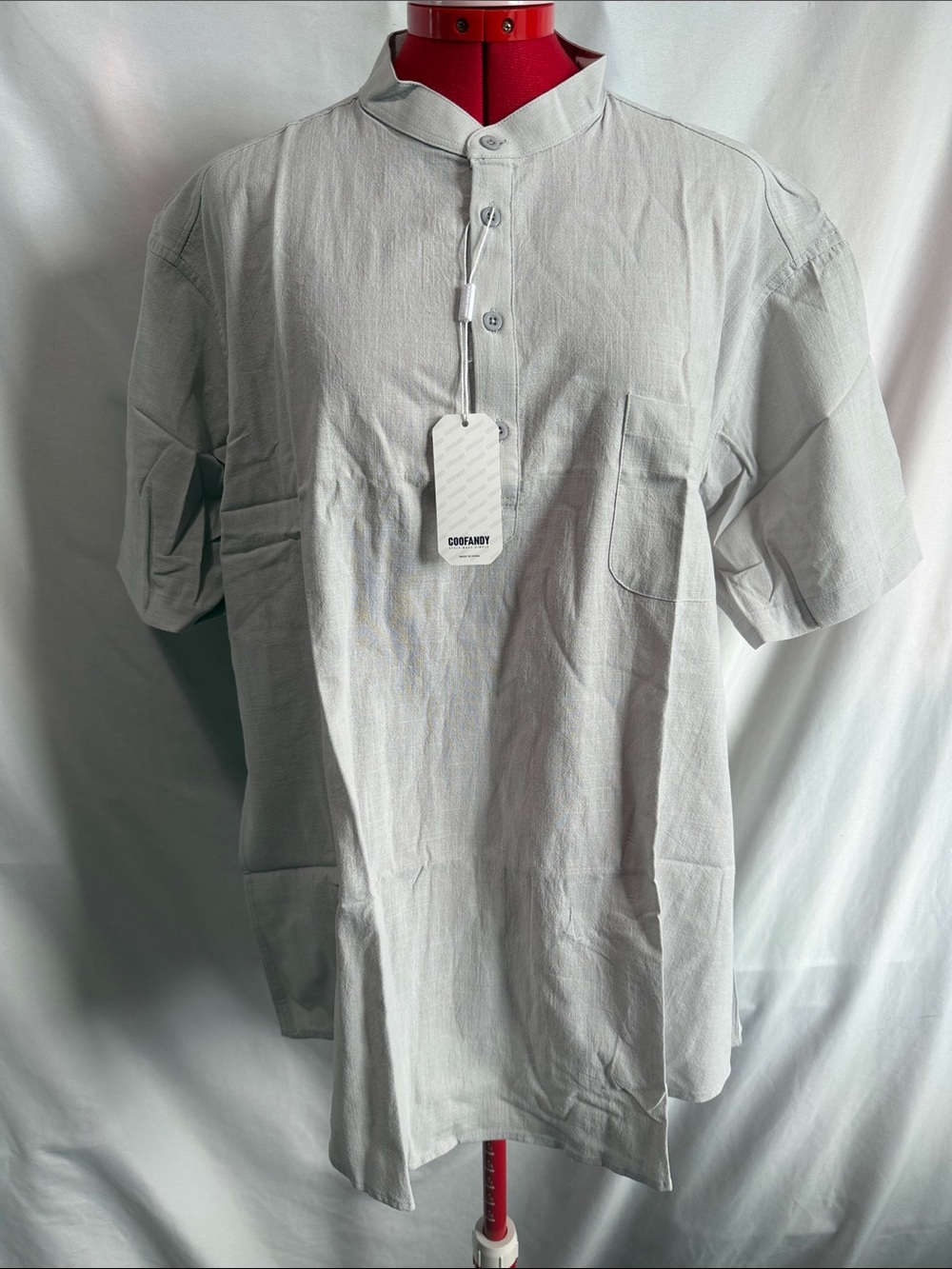 COOFANDY Men's Light Gray Short-Sleeve Band Collar Shirt